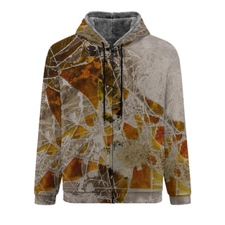 ERDGEWEBE Fleece Zip-Hoodie von REBL ART, Vorderseite mit grauem Fleece-Futter in der Kapuze