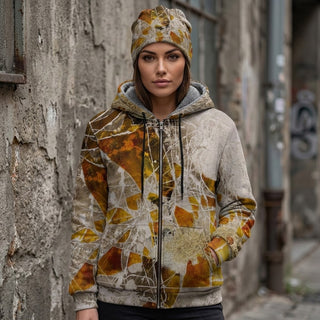 ERDGEWEBE Fleece Zip-Hoodie von REBL ART, Frau mit Mütze in Nahaufnahme