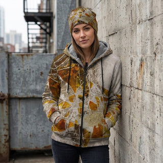 ERDGEWEBE Fleece Zip-Hoodie von REBL ART, Frau mit Mütze vor Metalltür