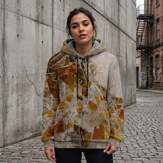 ERDGEWEBE Fleece Zip-Hoodie von REBL ART, Frau in einer Gasse mit Kopfsteinpflaster