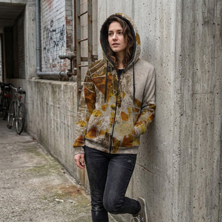 ERDGEWEBE Fleece Zip-Hoodie von REBL ART, Frau an die Wand gelehnt