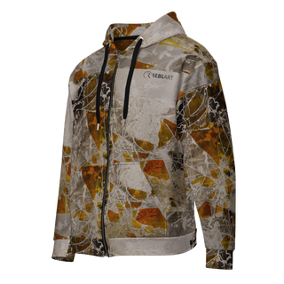 ERDGEWEBE Unisex Zip-Hoodie von REBL ART, Vorderseite von schräg links