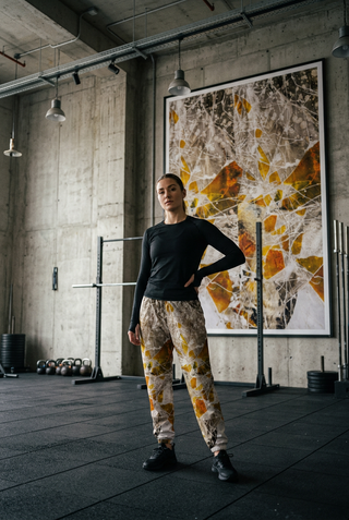 ERDGEWEBE Unisex-Trainingshose an einer Frau in einer Halle, hinter ihr ein großes Bild mit dem Motiv an der Wand