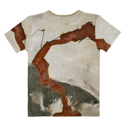 ERDKLANG Damen-T-Shirt mit abstraktem Malerei-Motiv in Beige-Tönen, handgefertigt, exklusives, zeitloses Design.
