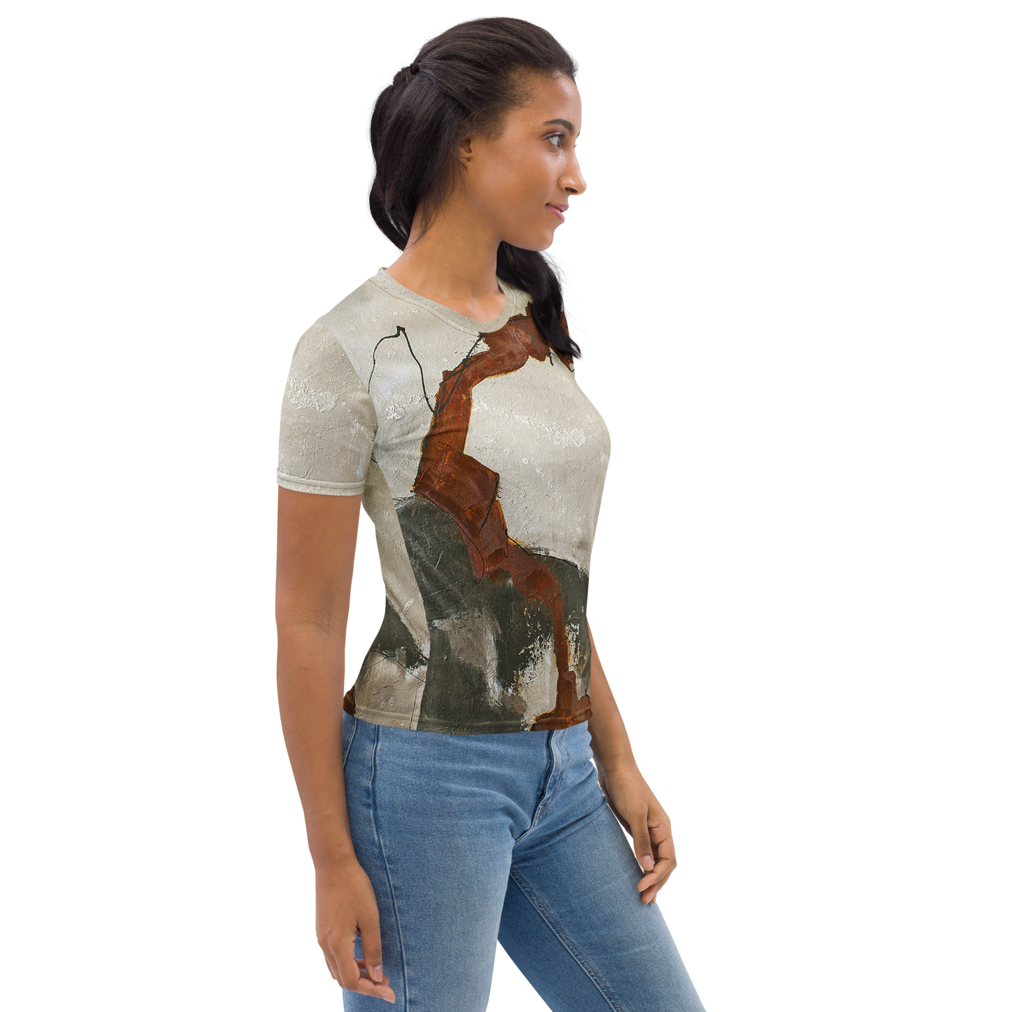 ERDKLANG Damen-T-Shirt: exklusive, zeitlose Gestaltung mit abstraktem erdigen Muster; handwerklich gefertigt.