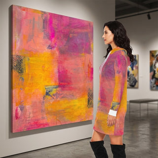 FARBKLANG Hoodie-Kleid von REBL ART, Frau seitlich neben dem Leinwandbild